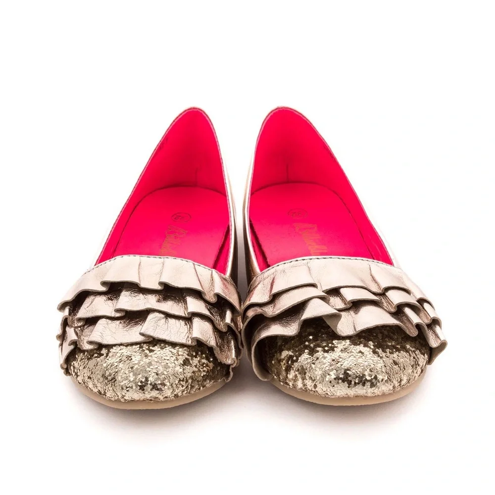 BILLIEBLUSH Girls Gold Glitter Flats w Ruffles Kids Shoes